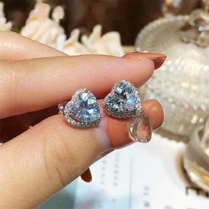 *NEW Sterling Silver Diamond Halo Heart Earrings